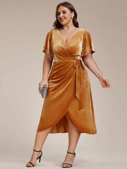 ever LENNA|One-Piece Type Short Sleeves V-Neck Velvet Midi Mother of the Bride Dress