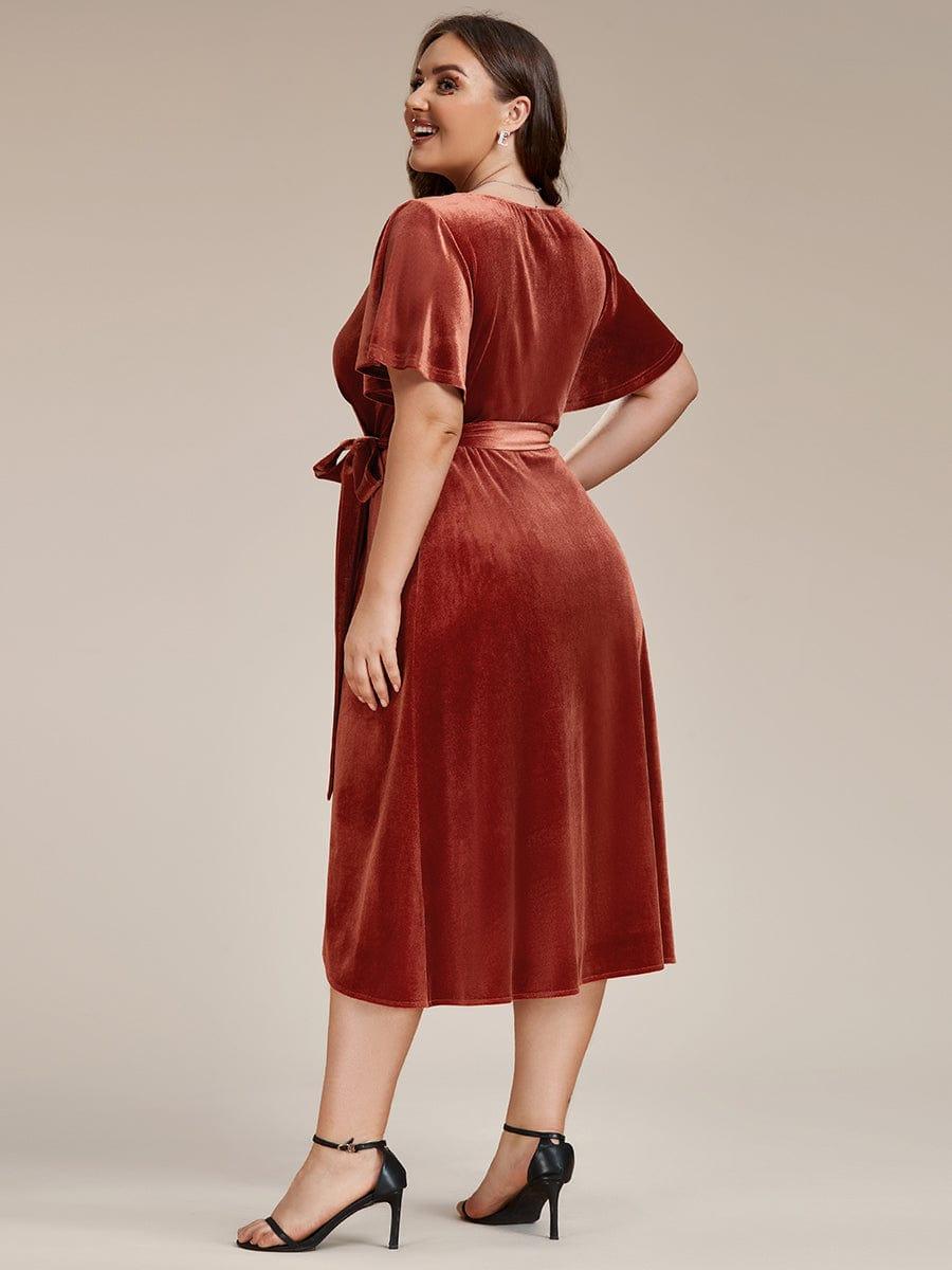 ever LENNA|One-Piece Type Short Sleeves V-Neck Velvet Midi Mother of the Bride Dress