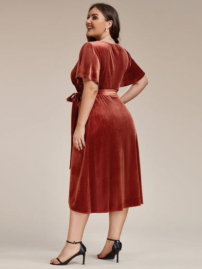 ever LENNA|One-Piece Type Short Sleeves V-Neck Velvet Midi Wedding Guest Dress