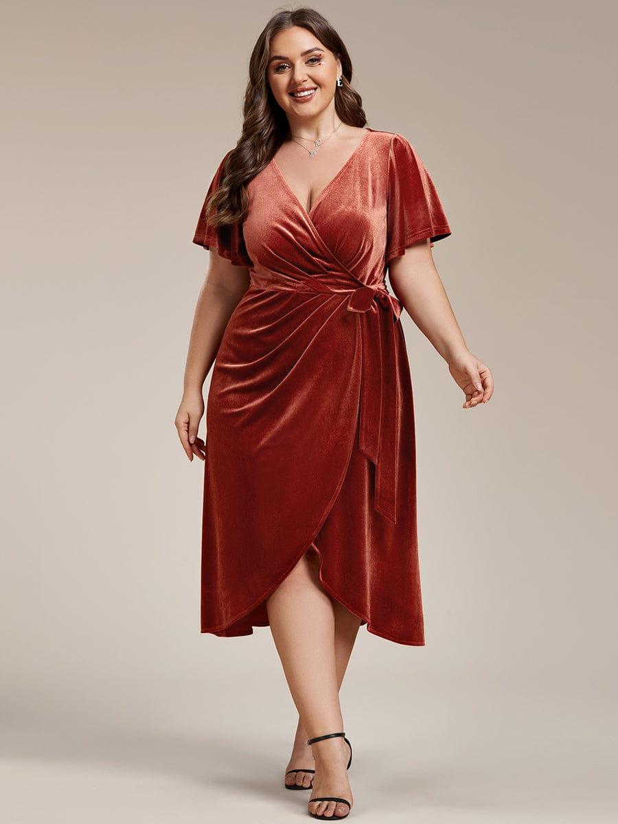 pretty LENNA|Plus Size V-Neck Ruffles Sleeve Velvet One-Piece Type Wedding Guest Dress