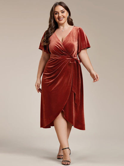 pretty LENNA|Plus Size V-Neck Ruffles Sleeve Velvet One-Piece Type Wedding Guest Dress