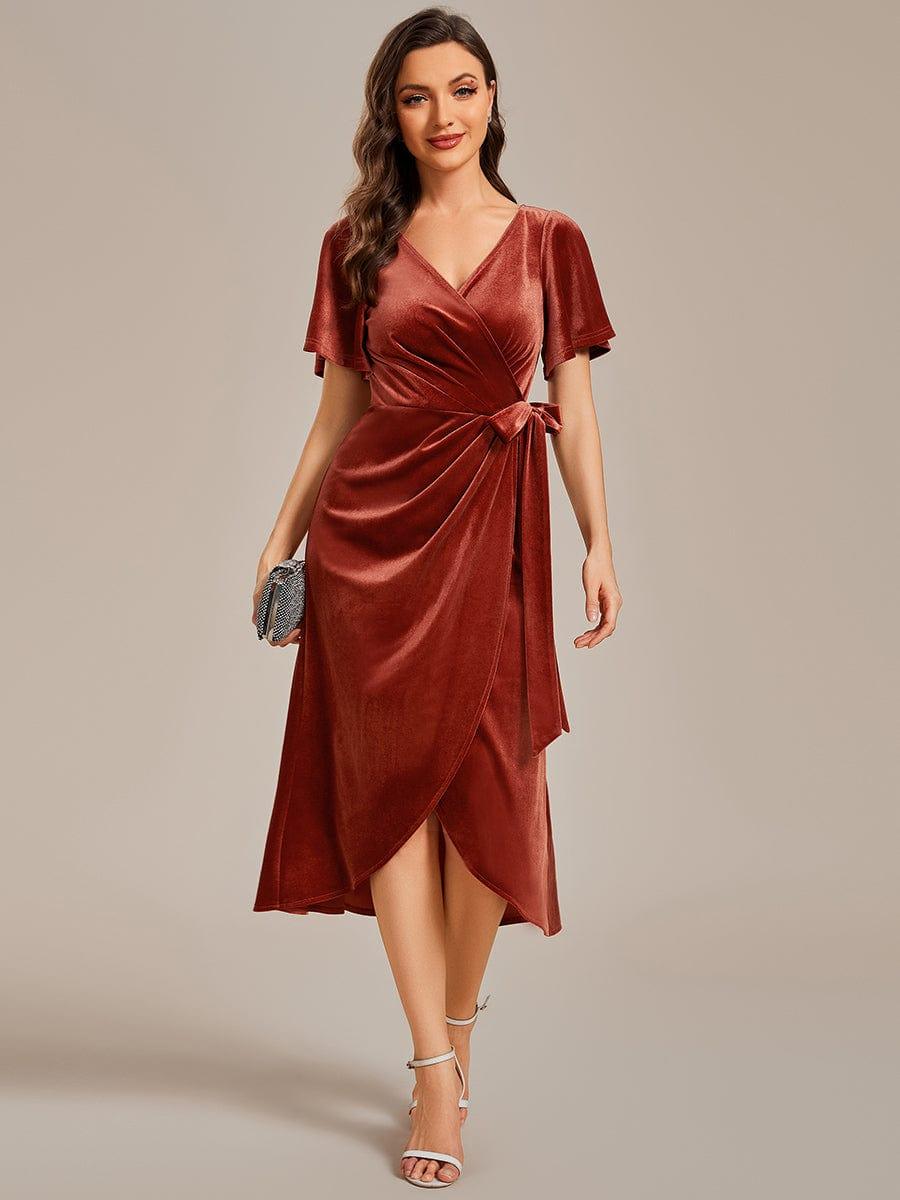 ever LENNA|One-Piece Type Short Sleeves V-Neck Velvet Midi Wedding Guest Dress