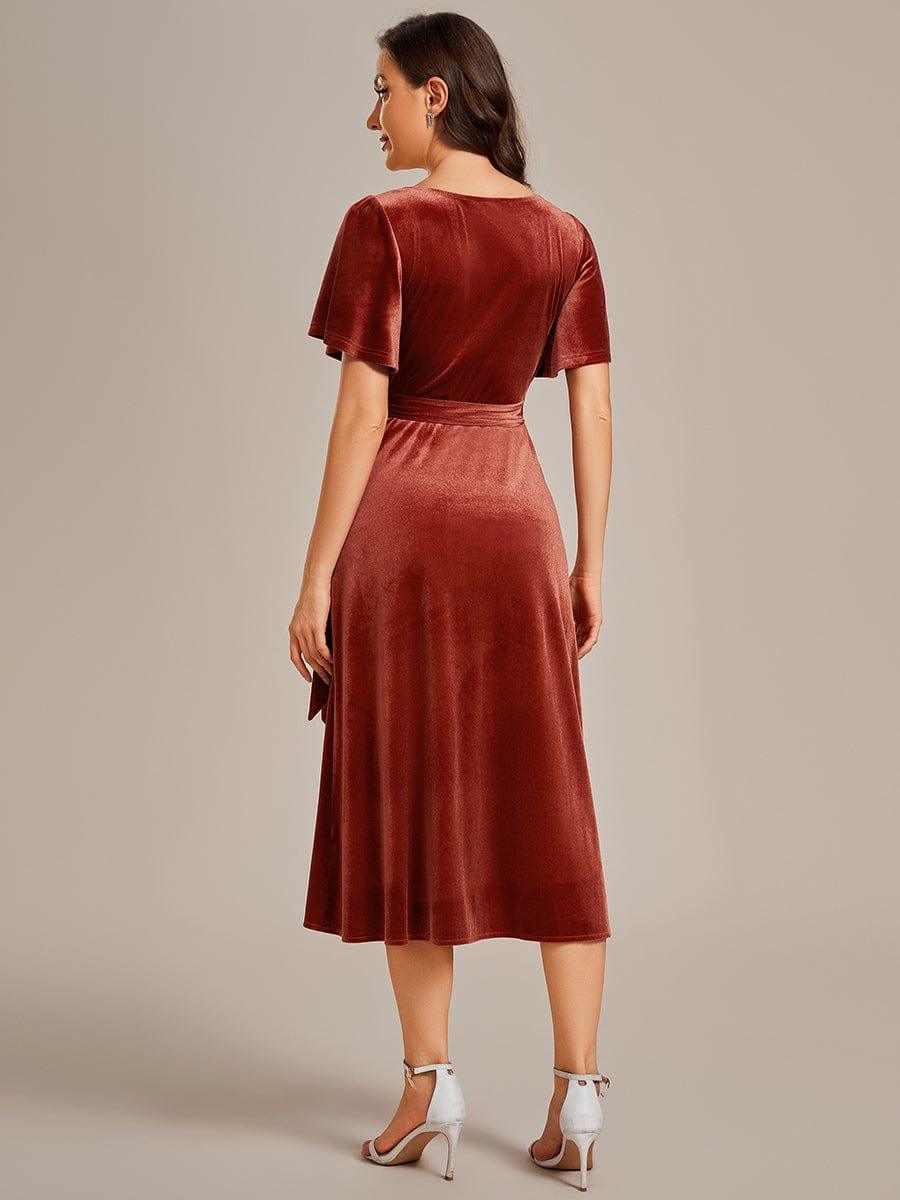 ever LENNA|One-Piece Type Short Sleeves V-Neck Velvet Midi Wedding Guest Dress