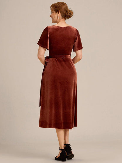ever LENNA|One-Piece Type Short Sleeves V-Neck Velvet Midi Mother of the Bride Dress