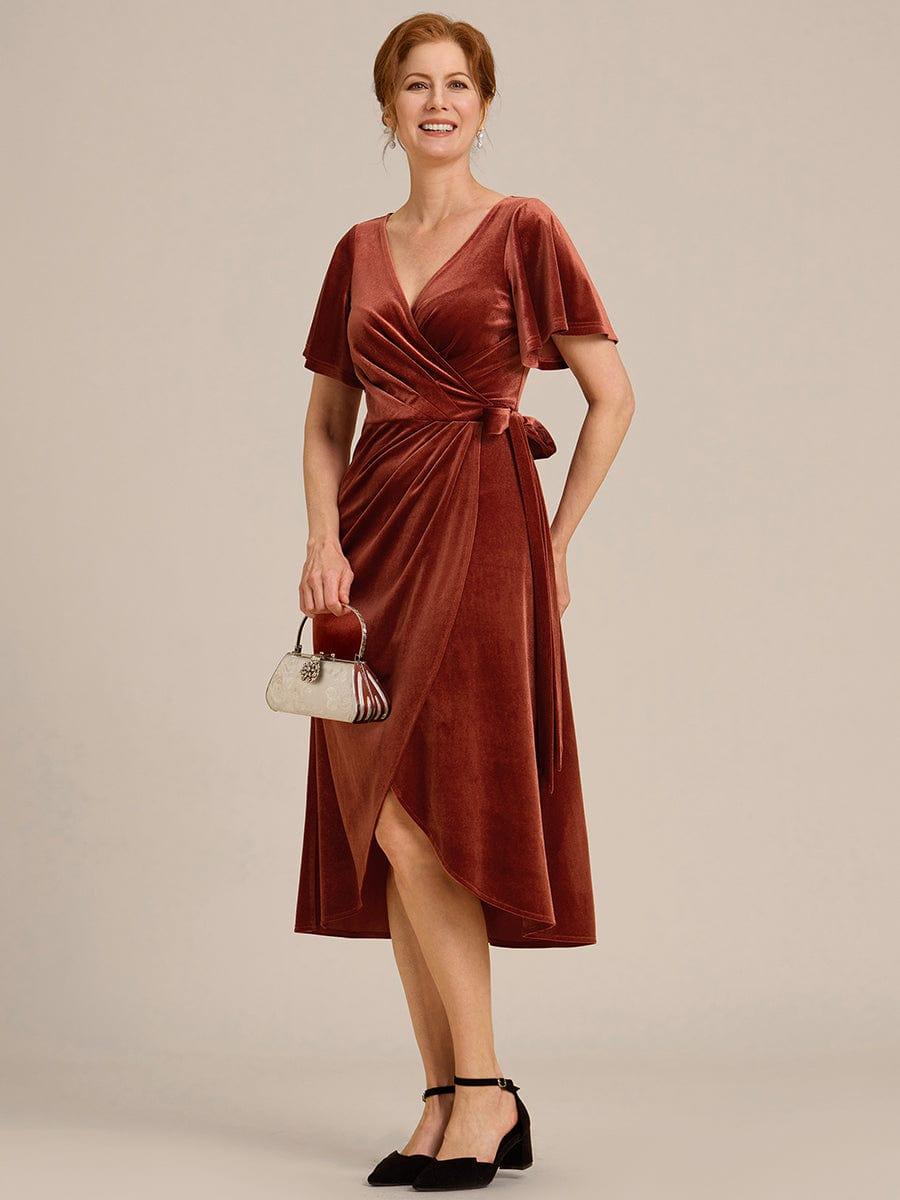 ever LENNA|One-Piece Type Short Sleeves V-Neck Velvet Midi Mother of the Bride Dress