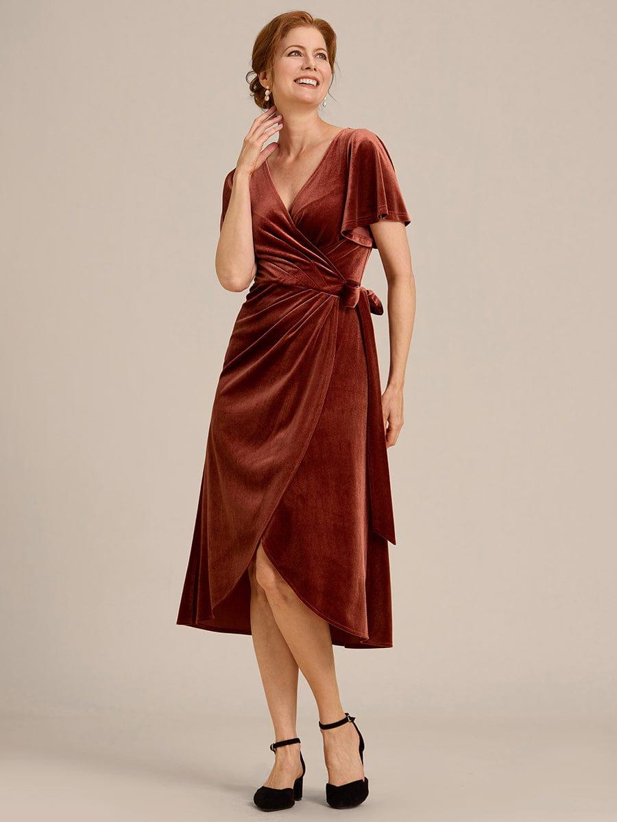 ever LENNA|One-Piece Type Short Sleeves V-Neck Velvet Midi Mother of the Bride Dress
