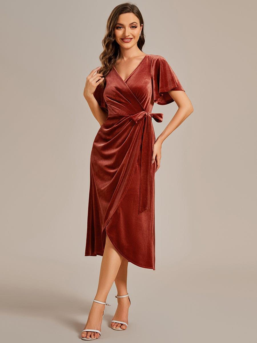 ever LENNA|One-Piece Type Short Sleeves V-Neck Velvet Midi Wedding Guest Dress