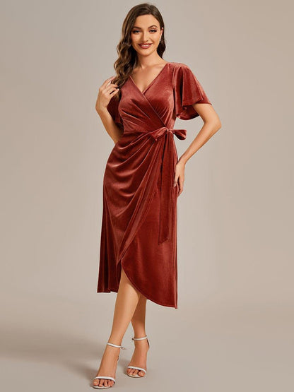 ever LENNA|One-Piece Type Short Sleeves V-Neck Velvet Midi Wedding Guest Dress