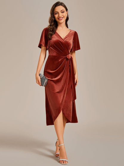 ever LENNA|One-Piece Type Short Sleeves V-Neck Velvet Midi Wedding Guest Dress