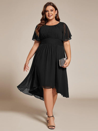 pretty EDEN|Plus Size Pleated Round Neckline A-Line Midi Chiffon Wedding Guest Dress