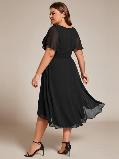 pretty EDEN|Plus Size Pleated Round Neckline A-Line Midi Chiffon Wedding Guest Dress