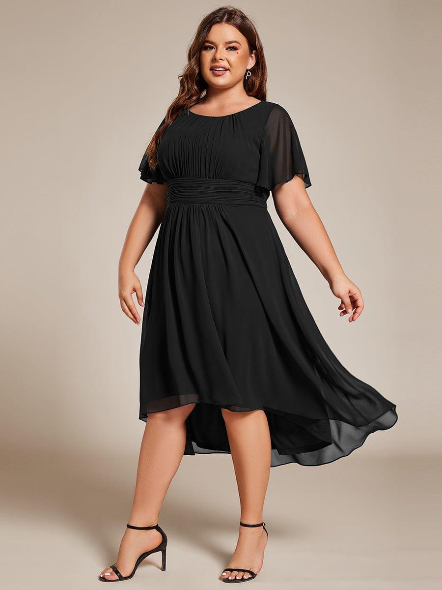 pretty EDEN|Plus Size Pleated Round Neckline A-Line Midi Chiffon Wedding Guest Dress