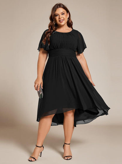 pretty EDEN|Plus Size Pleated Round Neckline A-Line Midi Chiffon Wedding Guest Dress