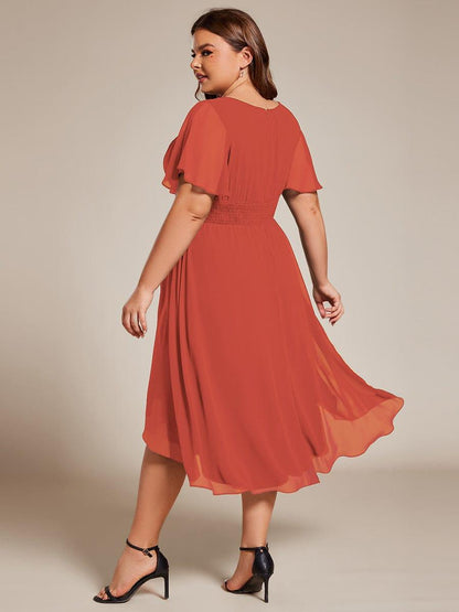 pretty EDEN|Plus Size Pleated Round Neckline A-Line Midi Chiffon Wedding Guest Dress