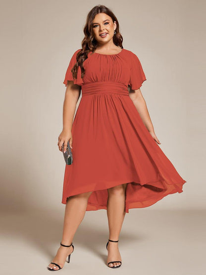 pretty EDEN|Plus Size Pleated Round Neckline A-Line Midi Chiffon Wedding Guest Dress