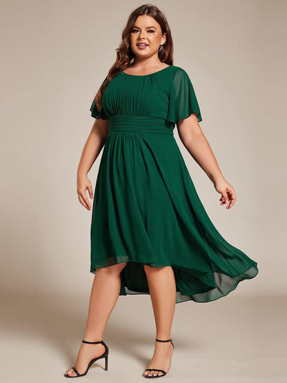 pretty EDEN|Plus Size Pleated Round Neckline A-Line Midi Chiffon Wedding Guest Dress