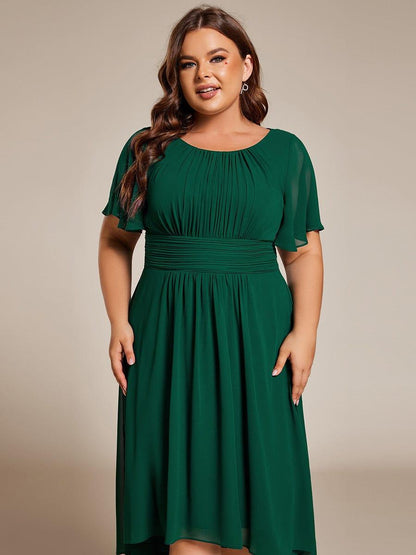 pretty EDEN|Plus Size Pleated Round Neckline A-Line Midi Chiffon Wedding Guest Dress