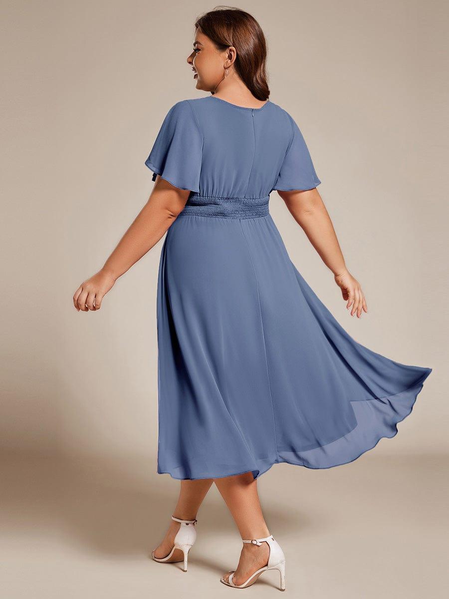 pretty EDEN|Plus Size Pleated Round Neckline A-Line Midi Chiffon Wedding Guest Dress