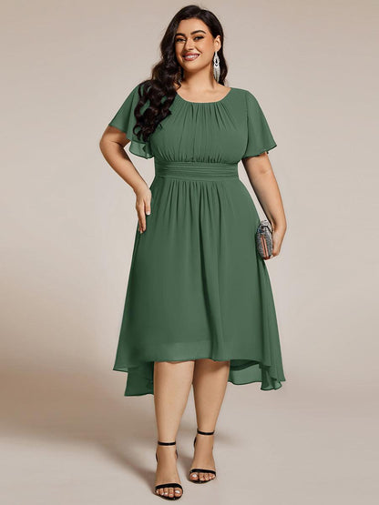 pretty EDEN|Plus Size Pleated Round Neckline A-Line Midi Chiffon Wedding Guest Dress