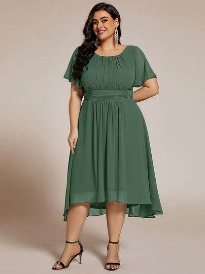 pretty EDEN|Plus Size Pleated Round Neckline A-Line Midi Chiffon Wedding Guest Dress
