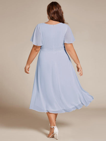 pretty EDEN|Plus Size Pleated Round Neckline A-Line Midi Chiffon Wedding Guest Dress