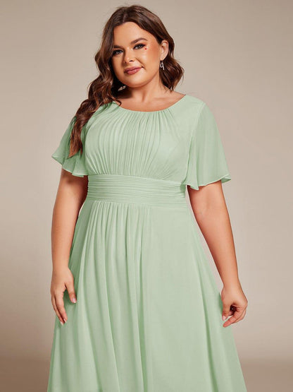 pretty EDEN|Plus Size Pleated Round Neckline A-Line Midi Chiffon Wedding Guest Dress