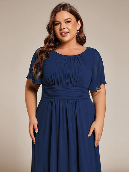 pretty EDEN|Plus Size Pleated Round Neckline A-Line Midi Chiffon Wedding Guest Dress