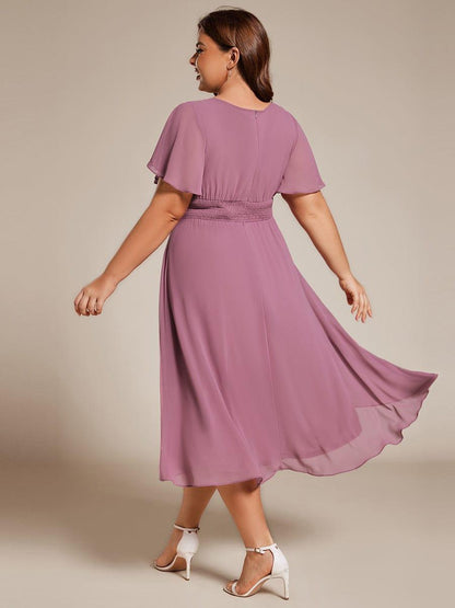 pretty EDEN|Plus Size Pleated Round Neckline A-Line Midi Chiffon Wedding Guest Dress