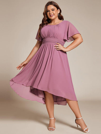 pretty EDEN|Plus Size Pleated Round Neckline A-Line Midi Chiffon Wedding Guest Dress