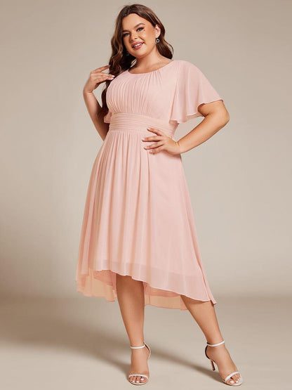 pretty EDEN|Plus Size Pleated Round Neckline A-Line Midi Chiffon Wedding Guest Dress