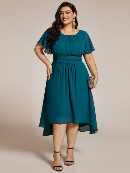 pretty EDEN|Plus Size Pleated Round Neckline A-Line Midi Chiffon Wedding Guest Dress