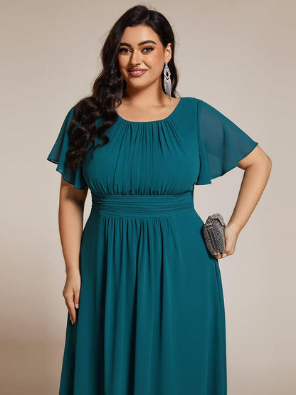 pretty EDEN|Plus Size Pleated Round Neckline A-Line Midi Chiffon Wedding Guest Dress