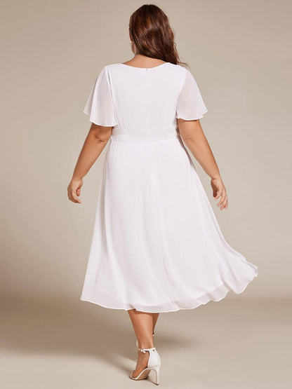pretty EDEN|Plus Size Pleated Round Neckline A-Line Midi Chiffon Wedding Guest Dress