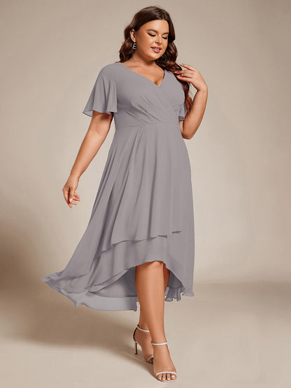 ever LARK|Flowy Ruffles Sleeve V-Neck A-Line Midi Chiffon Wedding Guest Dress