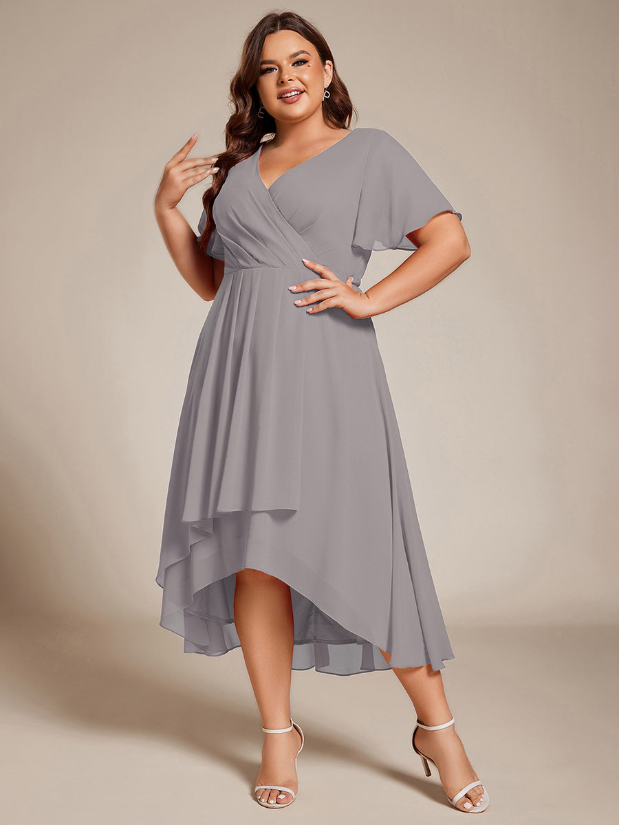 ever LARK|Flowy Ruffles Sleeve V-Neck A-Line Midi Chiffon Wedding Guest Dress