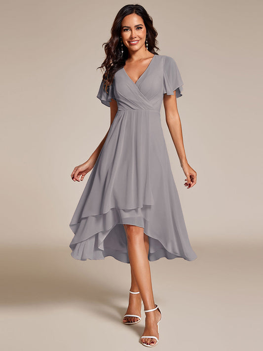 ever LARK|Flowy Ruffles Sleeve V-Neck A-Line Midi Chiffon Wedding Guest Dress