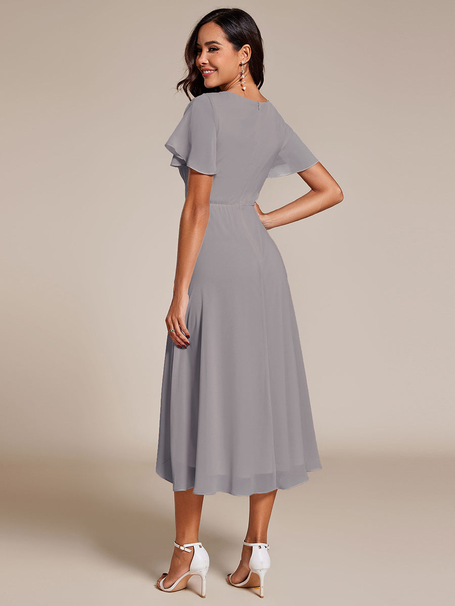 ever LARK|Flowy Ruffles Sleeve V-Neck A-Line Midi Chiffon Wedding Guest Dress