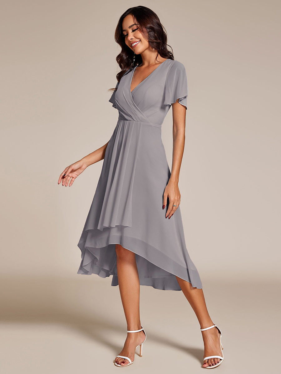 ever LARK|Flowy Ruffles Sleeve V-Neck A-Line Midi Chiffon Wedding Guest Dress