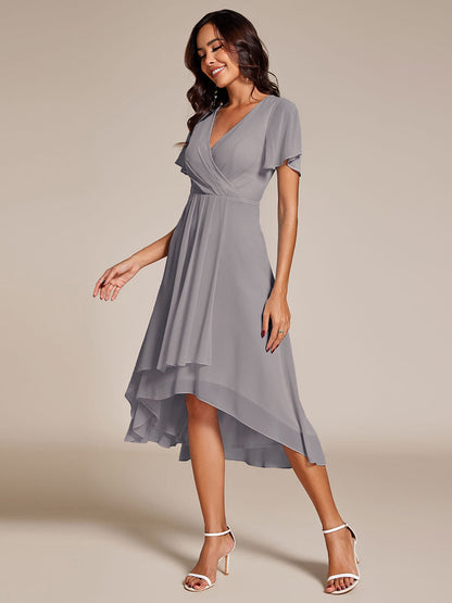 ever LARK|Flowy Ruffles Sleeve V-Neck A-Line Midi Chiffon Wedding Guest Dress