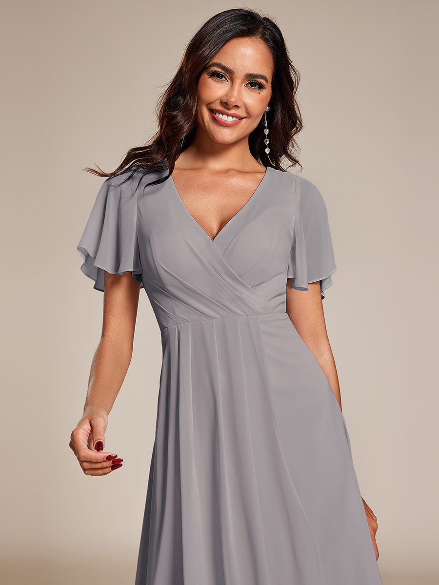 ever LARK|Flowy Ruffles Sleeve V-Neck A-Line Midi Chiffon Wedding Guest Dress