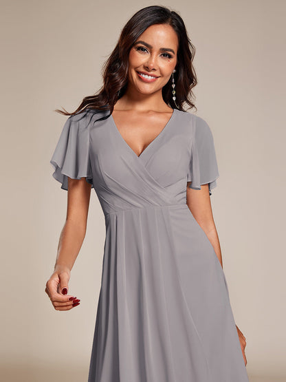 ever LARK|Flowy Ruffles Sleeve V-Neck A-Line Midi Chiffon Wedding Guest Dress