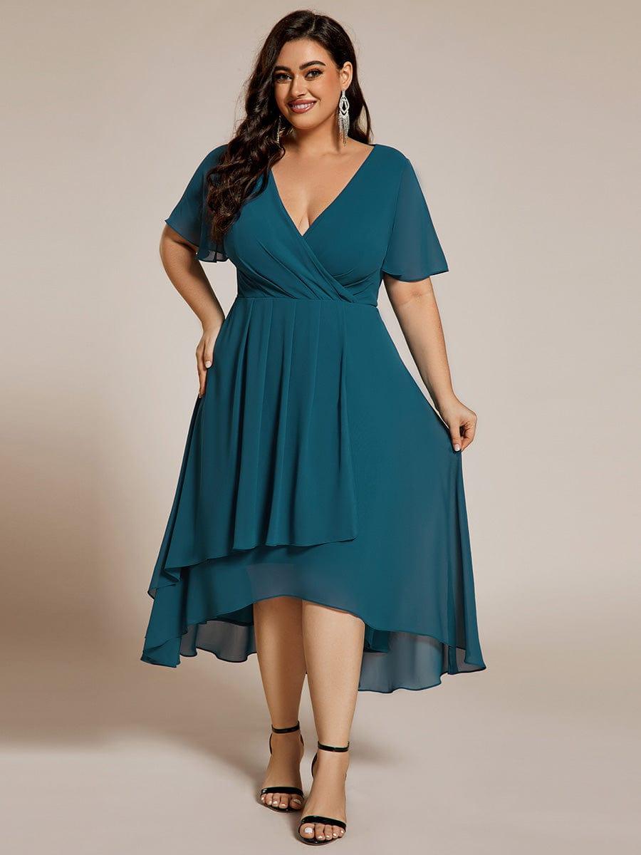 ever LARK|Flowy Ruffles Sleeve V-Neck A-Line Midi Chiffon Wedding Guest Dress