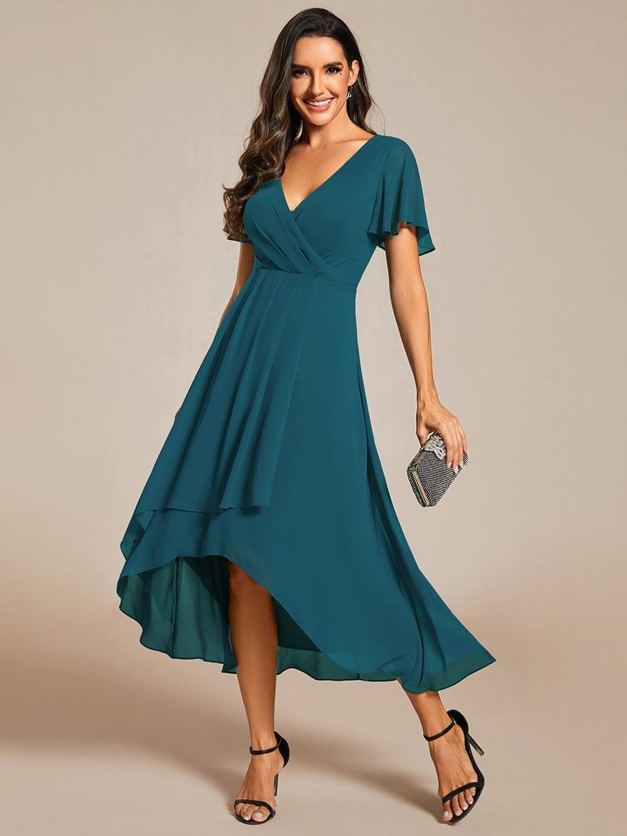 ever LARK|Flowy Ruffles Sleeve V-Neck A-Line Midi Chiffon Wedding Guest Dress