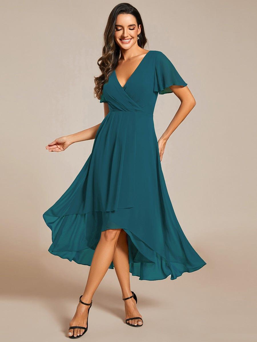 ever LARK|Flowy Ruffles Sleeve V-Neck A-Line Midi Chiffon Wedding Guest Dress