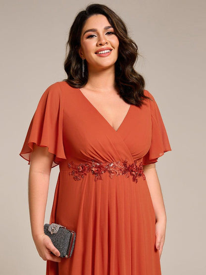 pretty DAHLIA|Plus Size Elegant Short Sleeves V-Neck Floral Applique Wedding Guest Dress