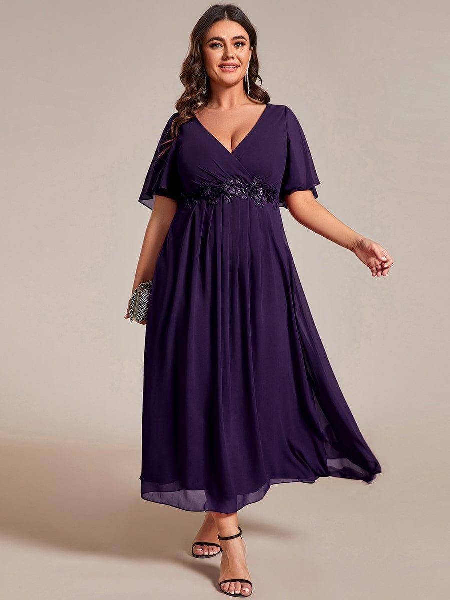 pretty DAHLIA|Plus Size Elegant Short Sleeves V-Neck Floral Applique Wedding Guest Dress