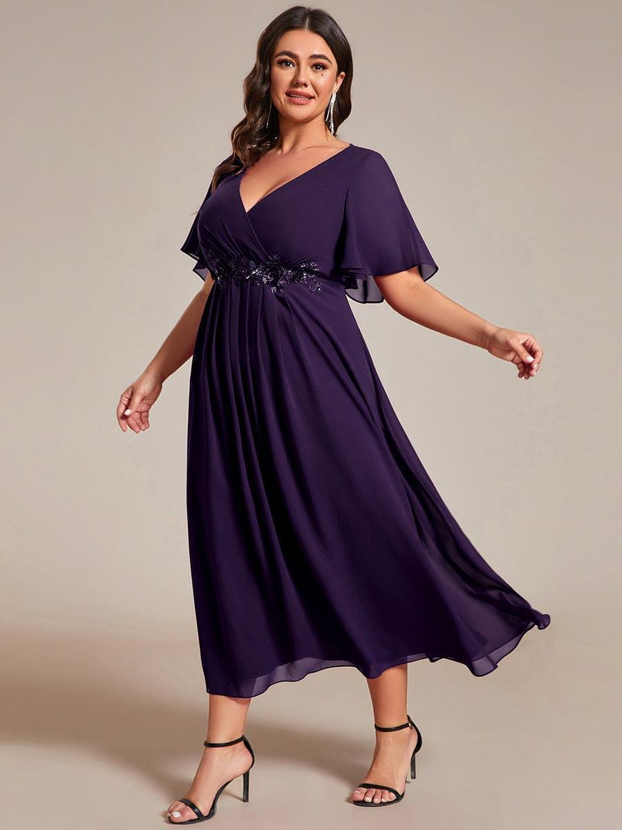 pretty DAHLIA|Plus Size Elegant Short Sleeves V-Neck Floral Applique Wedding Guest Dress