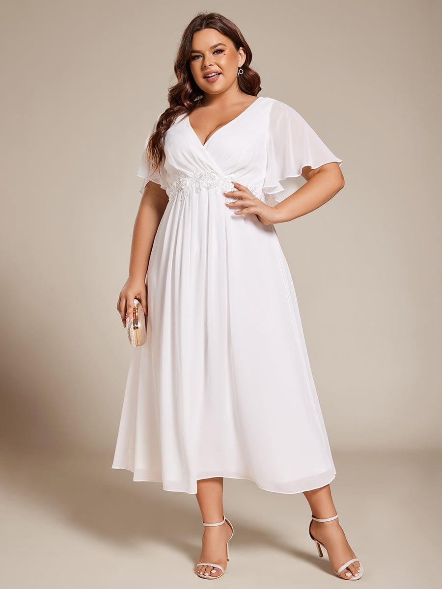 pretty DAHLIA|Plus Size Elegant Short Sleeves V-Neck Floral Applique Wedding Guest Dress