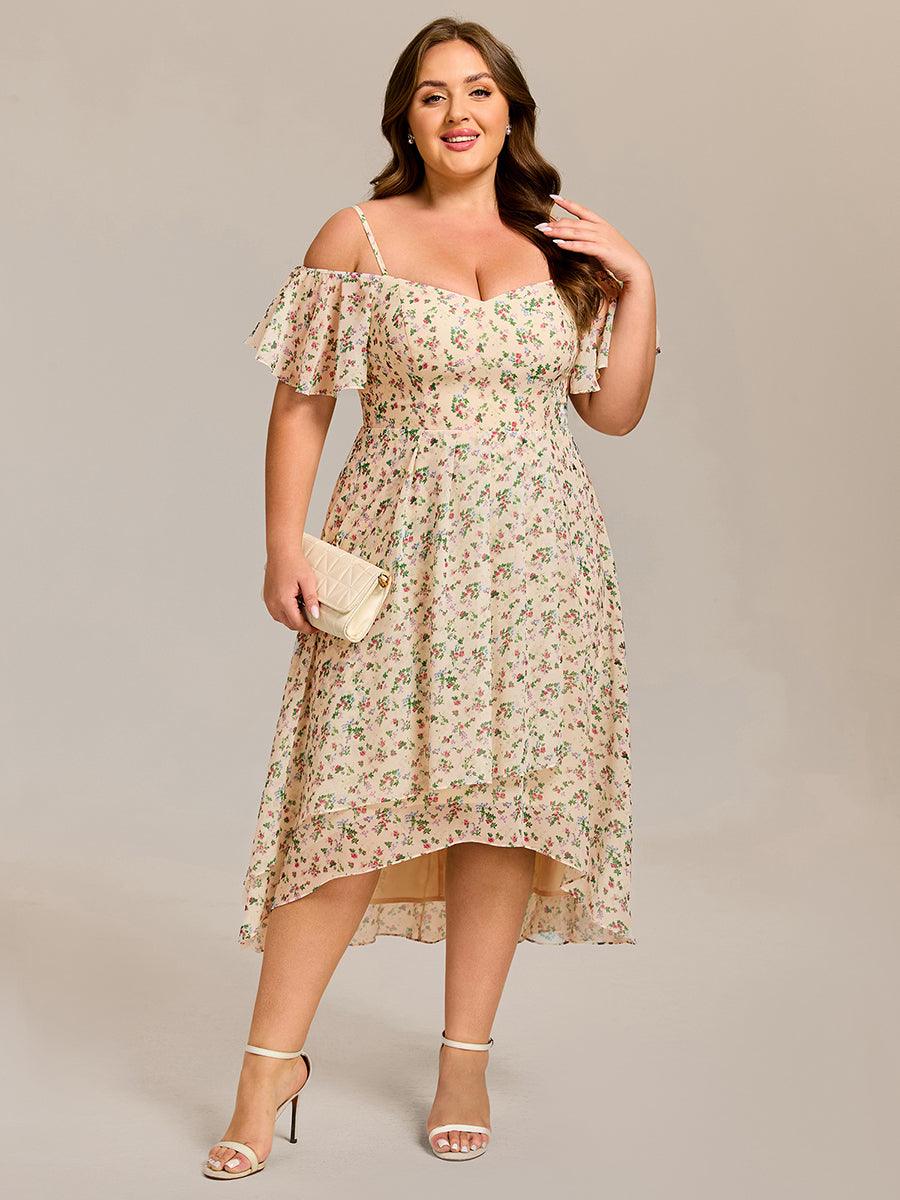 pretty JORDANE|Plus Size Cold Shoulder Sweetheart Necklin Chiffon Midi Wedding Guest Dress