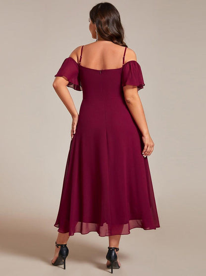 pretty JORDANE|Plus Size Cold Shoulder Sweetheart Necklin Chiffon Midi Wedding Guest Dress